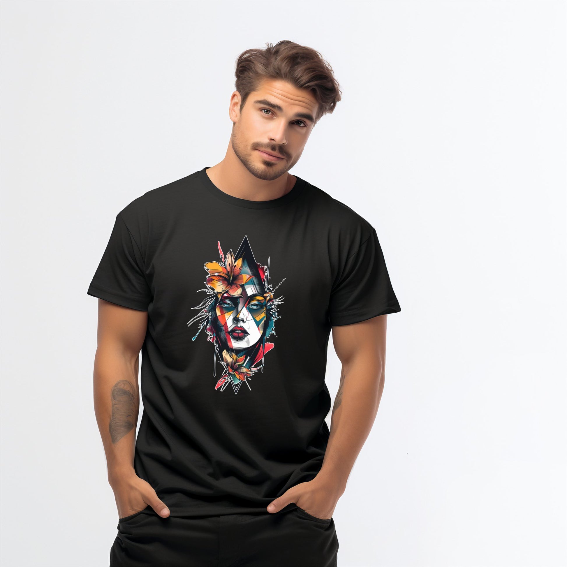 Vyriškas marškinėlis "Artistic Soul" juodos spalvos, su spalvingu ir kūrybišku meniniu veido piešiniu, Designed By Me kolekcija, Vyriški marškinėliai,Visi produktai,☀️ Vasaros kolekcija ☀️