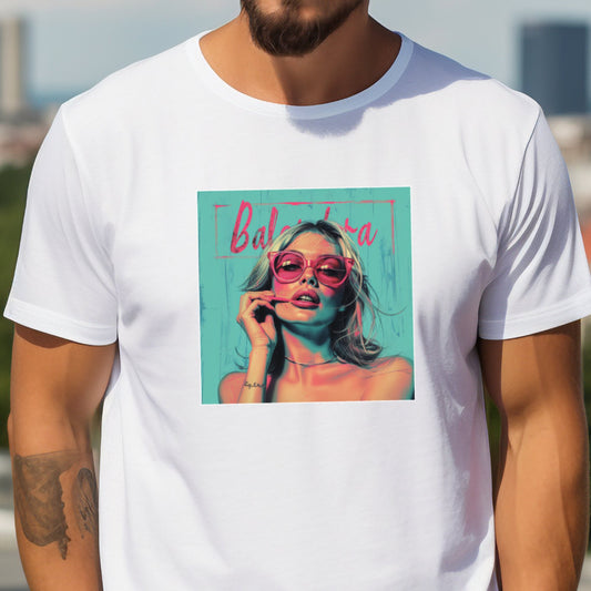 „Balentura“ vyriškų marškinėlių nuotrauka su spalvingu moters portretu, dėvinčia akį traukiančius rožinius akinius, Designedbyme.lt, designedbyme, Designed By Me, marškinėliai, Vyriški marškinėliai, Visi produktai, ☀️ Vasaros kolekcija ☀️