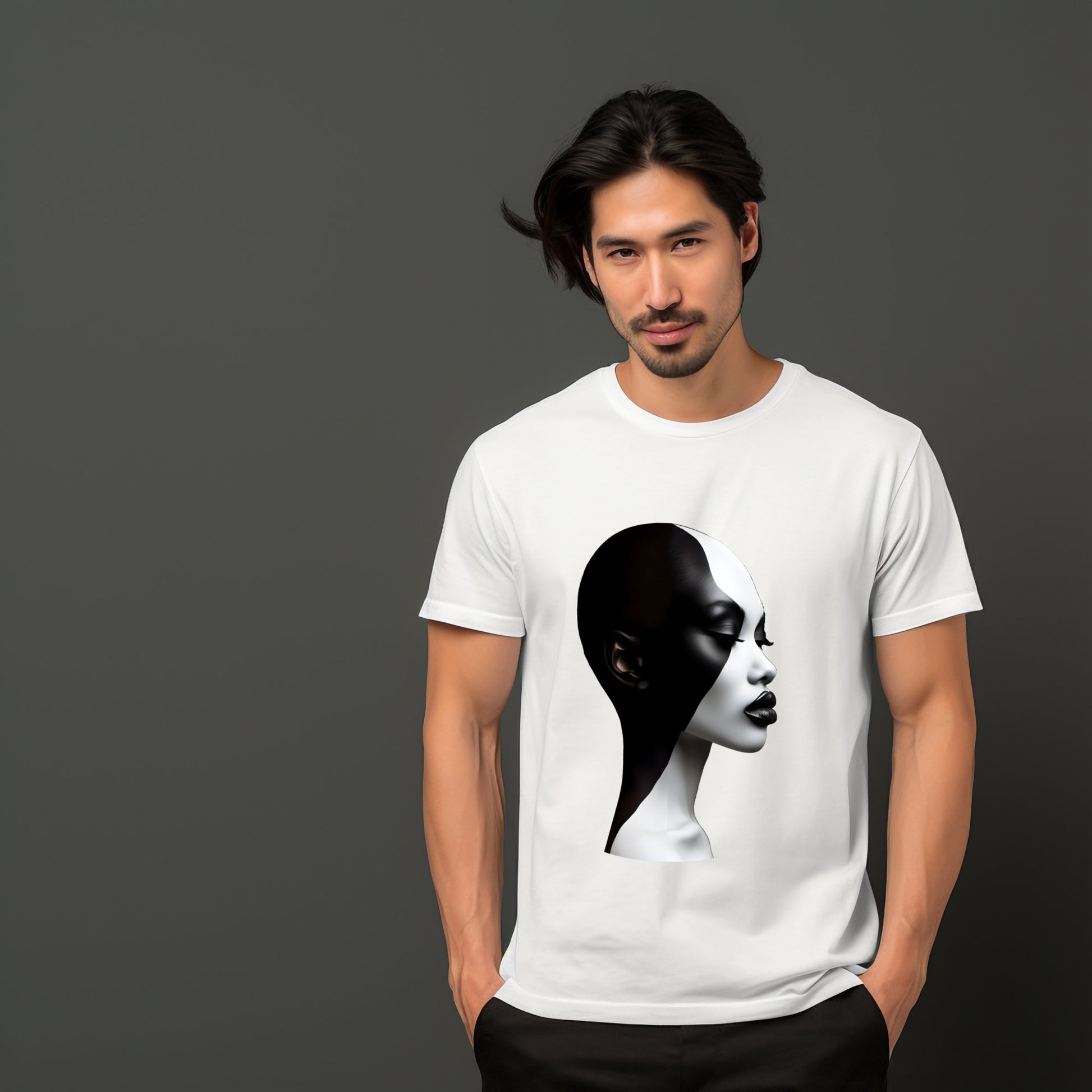 Vyras vilkintis baltus "Black & White" marškinėlius su meniniu veido spaudu, Designedbyme.lt, designedbyme, Designed By Me, marskineliai, Marškinėliai, vyriskos maikes, Visi produktai