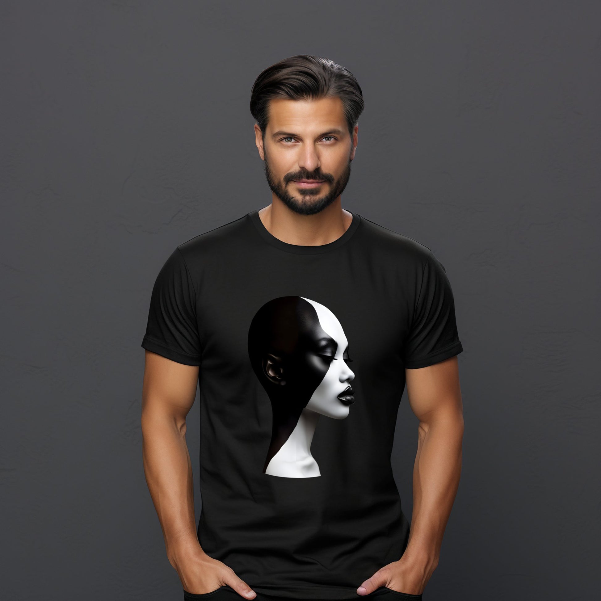 Stilingas vyras dėvintis juodus "Designedbyme.lt" Black & White marškinėlius su meniniu veido atvaizdu - puikus pasirinkimas kaip dovana draugei, dovana idejos moterims, praktiška ir originali gimtadienio dovana draugei, vyriskos marškinėliai, visų produktų kolekcijoje.