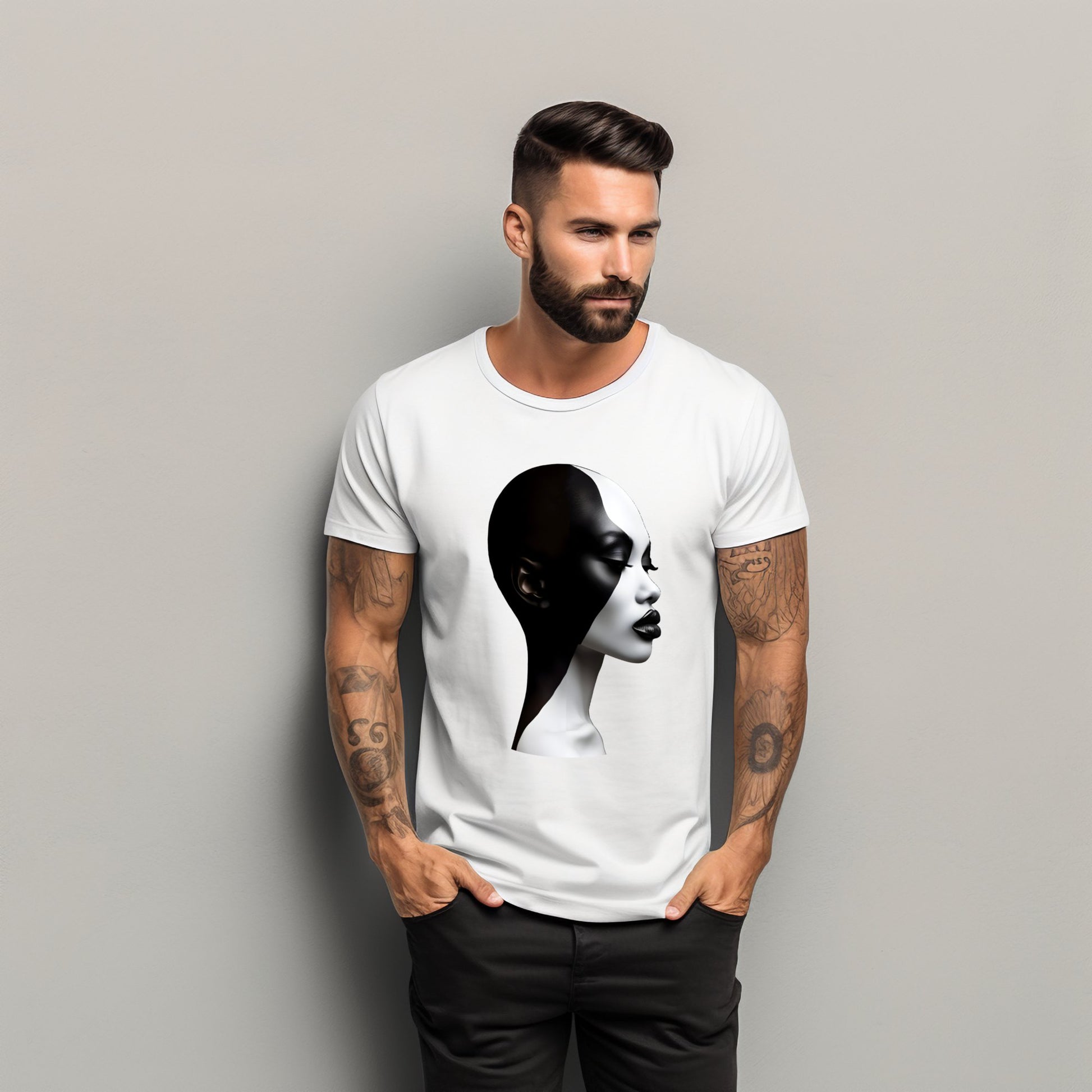 Modernūs vyriški marškinėliai "Black & White" su meniniu portretu, pagaminti Designedbyme.lt ženklu. Stilinga ir unikali apranga, pabrėžianti kontrastą ir individualumą. Ideali dovanos idėja vyrams, tobula gimtadienio dovana, Vyriški marškinėliai, Visi produktai
