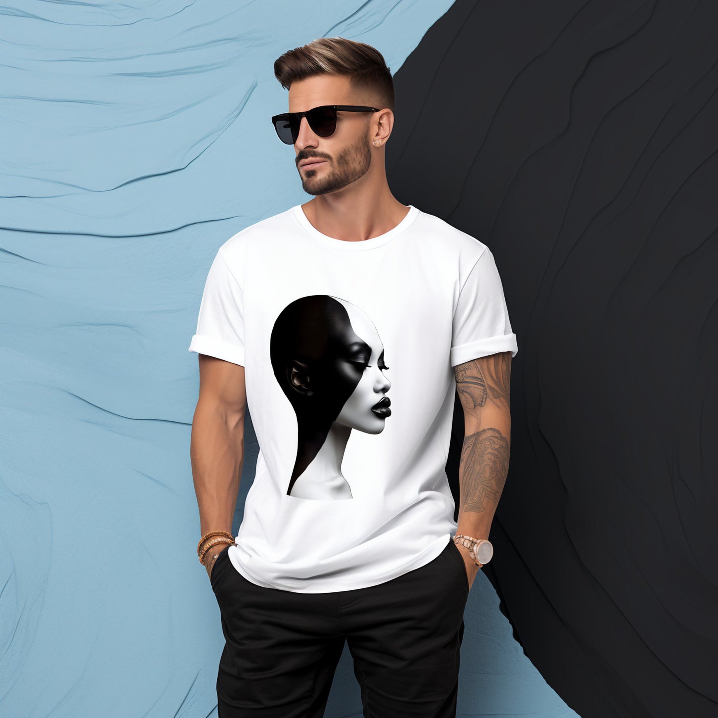 Vyriški marškinėliai „Black & White“, meniška ir stilinga apranga iš Designed By Me, skirta pabrėžti asmeninį individualumą ir spalvų kontrastą, Vyriški marškinėliai,Visi produktai