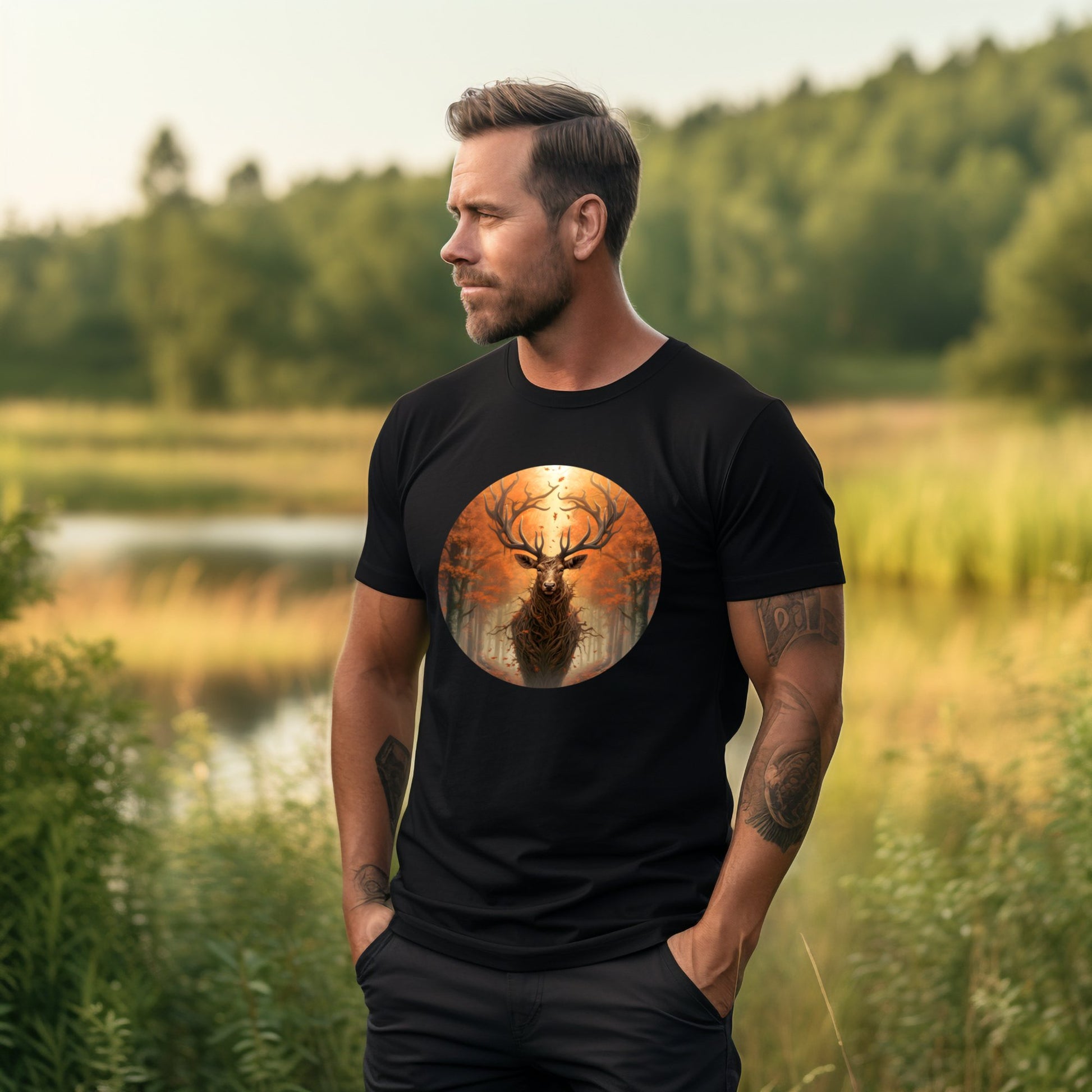 Vyras, dėvintis juodus marškinėlius su elnio ragais dizainu, stovintis gamtoje šalia ežero, Designedbyme.lt, Designed By Me, Vyriški marškinėliai,Visi produktai