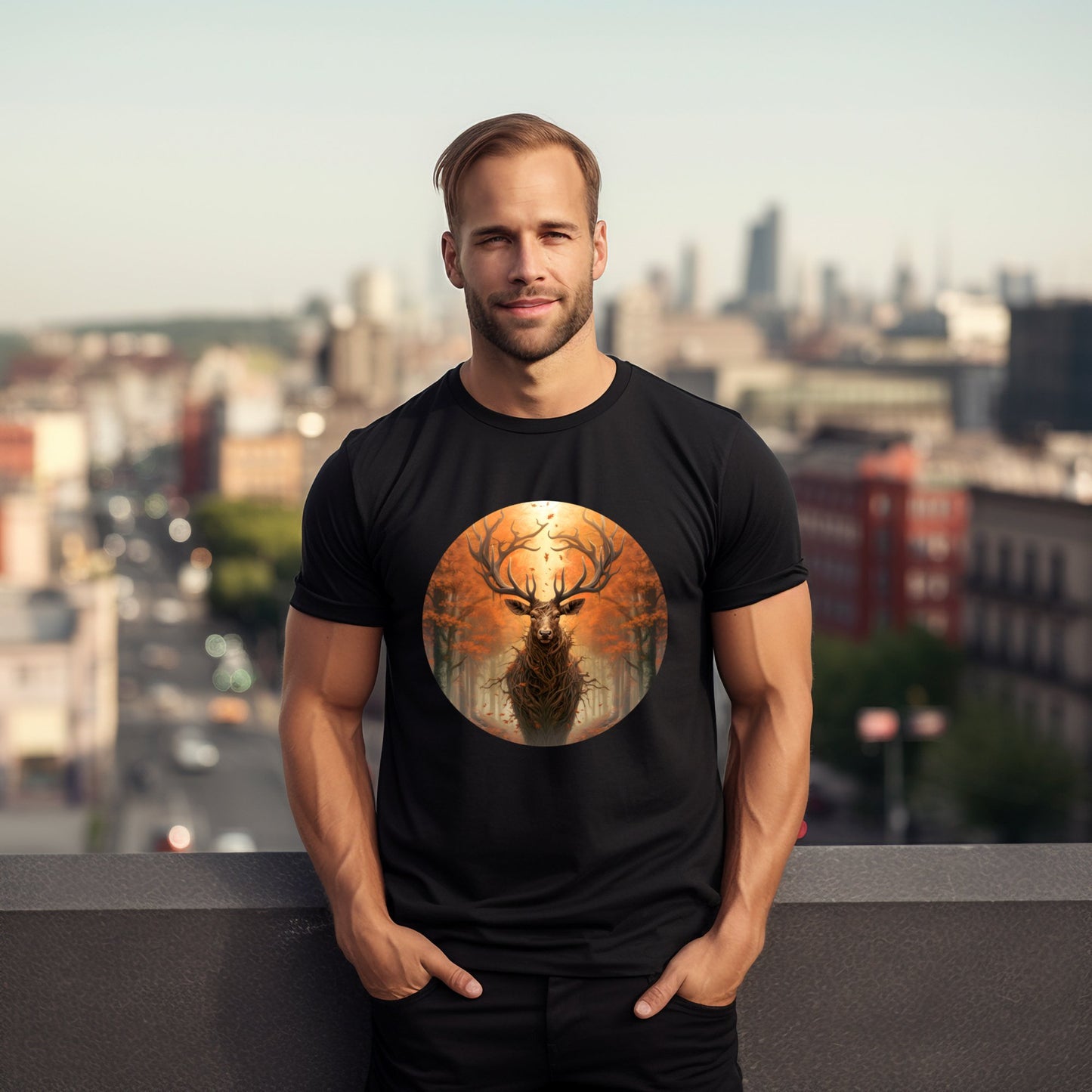 Vyriškis, apsivilkęs unikalų juodą marškinėlį su elegantišku elnio ragų dizainu, stovintis ant miesto stogo su įspūdingu fonu, Designedbyme.lt, Vyriški marškinėliai,Visi produktai