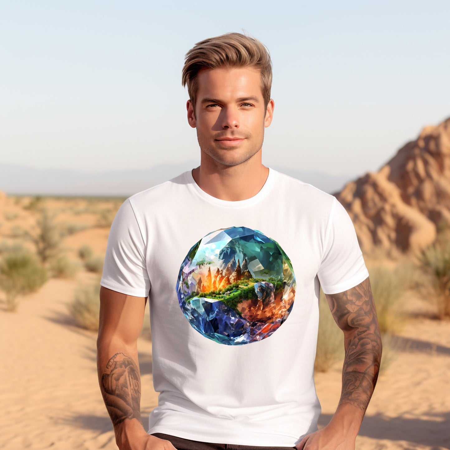 Vyriški marškinėliai „Diamond Earth” su spalvingu deimanto ir gamtos motyvu, Designed By Me kolekcija, atskleidžia individualumą ir sugebėjimą matyti gyvenimo blizgesį, net kai pasaulis pilkas, Vyriški marškinėliai,Visi produktai