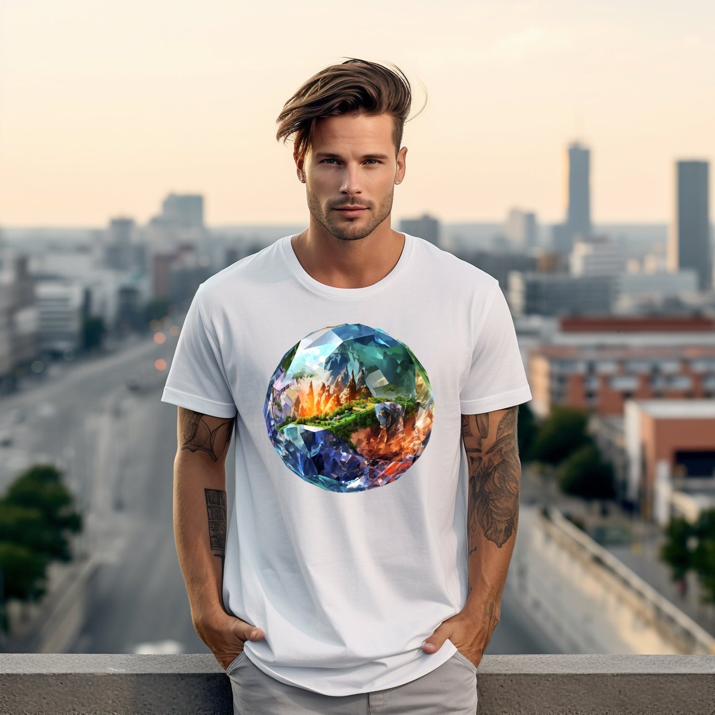 Jaunas vyras su stilingais "Diamond Earth" marškinėliais stovintis miesto fone, Designedbyme.lt, designedbyme, Designed By Me, marškinėliai, Visi produktai, Vyriški marškinėliai