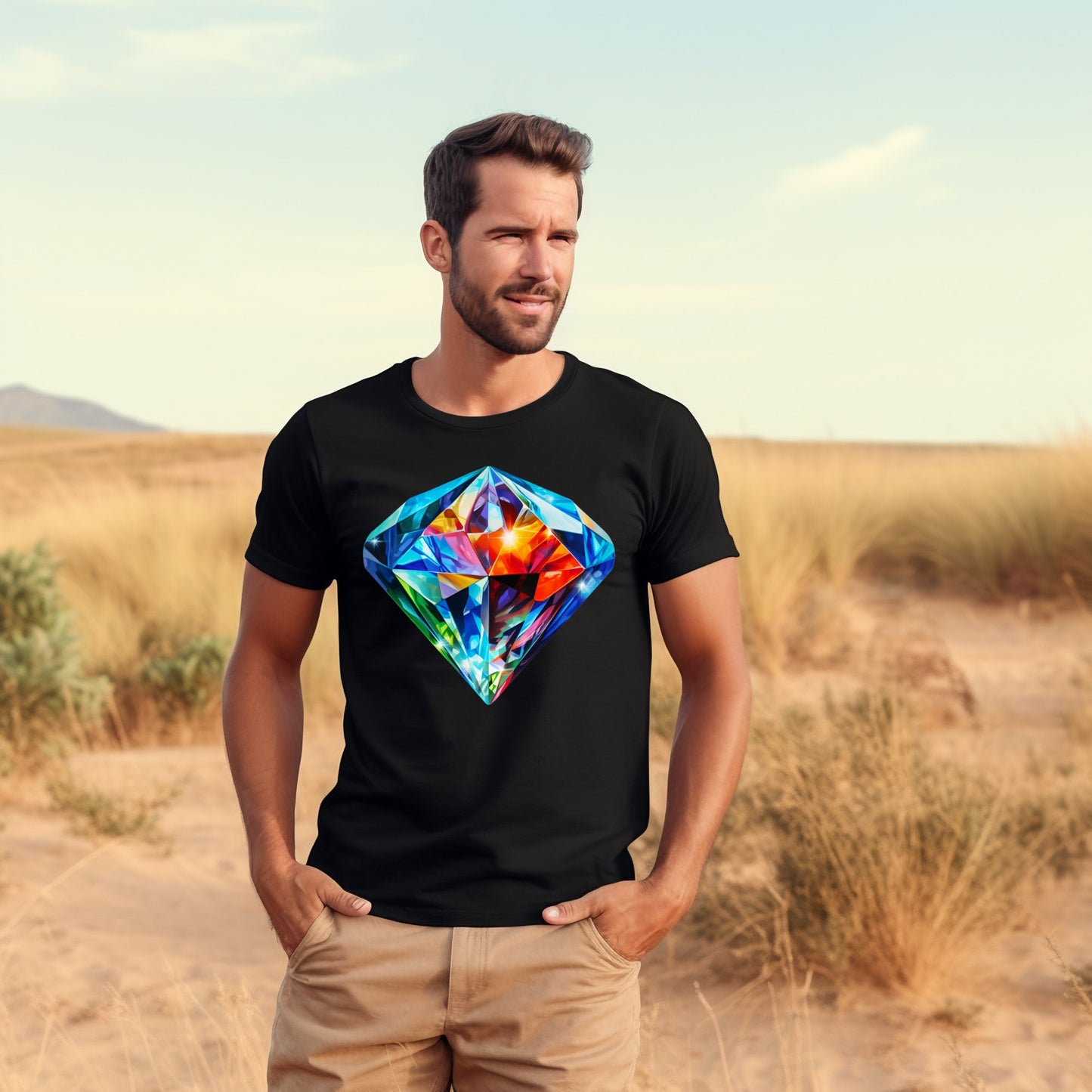 Vyras stovintis dykumoje su "Diamond Hearth" marškinėliais iš Designedbyme.lt, kuriuose spalvotas deimanto šviesos vaizdas simbolizuoja grožio, įvairovės ir tvirtumo simbiozę, Vyriški marškinėliai, Visi produktai