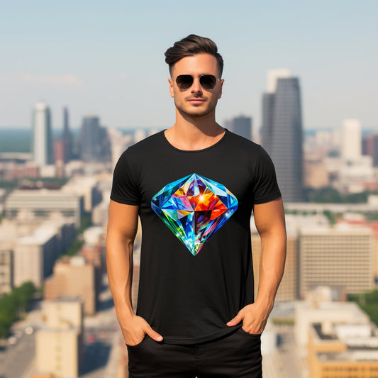 Vyras dėvintis juodus marškinėlius su spalvingu deimanto šviesos motyvu ir fonu aukštumose, puiki vasaros diena mieste, Designedbyme.lt, designedbyme, Designed By Me, marskineliai, Marškinėliai, vyriški marškinėliai, Vyriški marškinėliai,Visi produktai