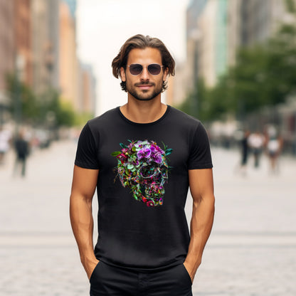 Stilingi ir paslaptingi "Flower Skull Black" marškinėliai iš Designedbyme.lt, atvaizduojantys gyvybės ciklą ir gėlių bei mirties simbiozę, Vyriški marškinėliai,Visi produktai,☀️ Vasaros kolekcija ☀️