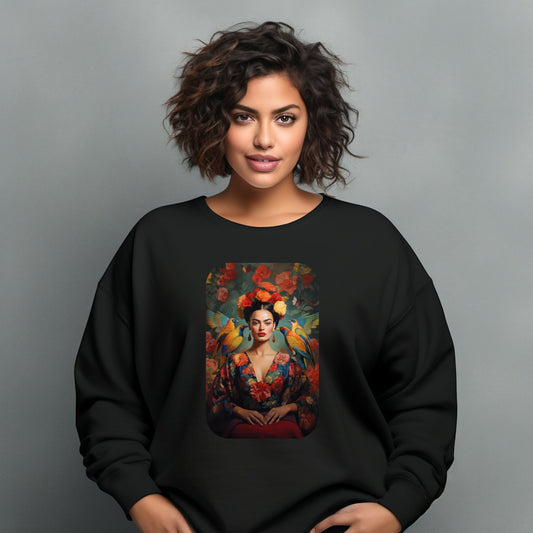 Stilingas juodas džemperis su ryškiu Fridos Kahlo portretu, papuoštu gėlėmis ir drugeliais. Meniška, moderni interpretacija ant kokybiško audinio. Unikalus DesignedByMe.lt kūrinys, puikiai tinkantis kasdienai ir ypatingoms progoms. Moteriški džemperiai, Perkamiausi džemperiai, Naujausi dizainai