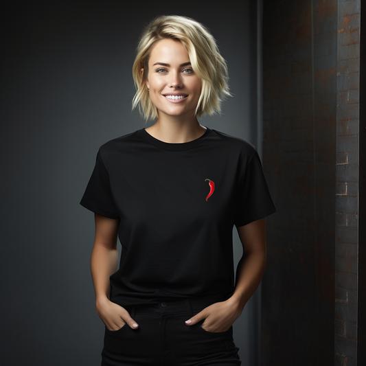 Moteriški marškinėliai “Pepper Hot Black” su ryškia raudona čili aplikacija ir moderniu dizainu.