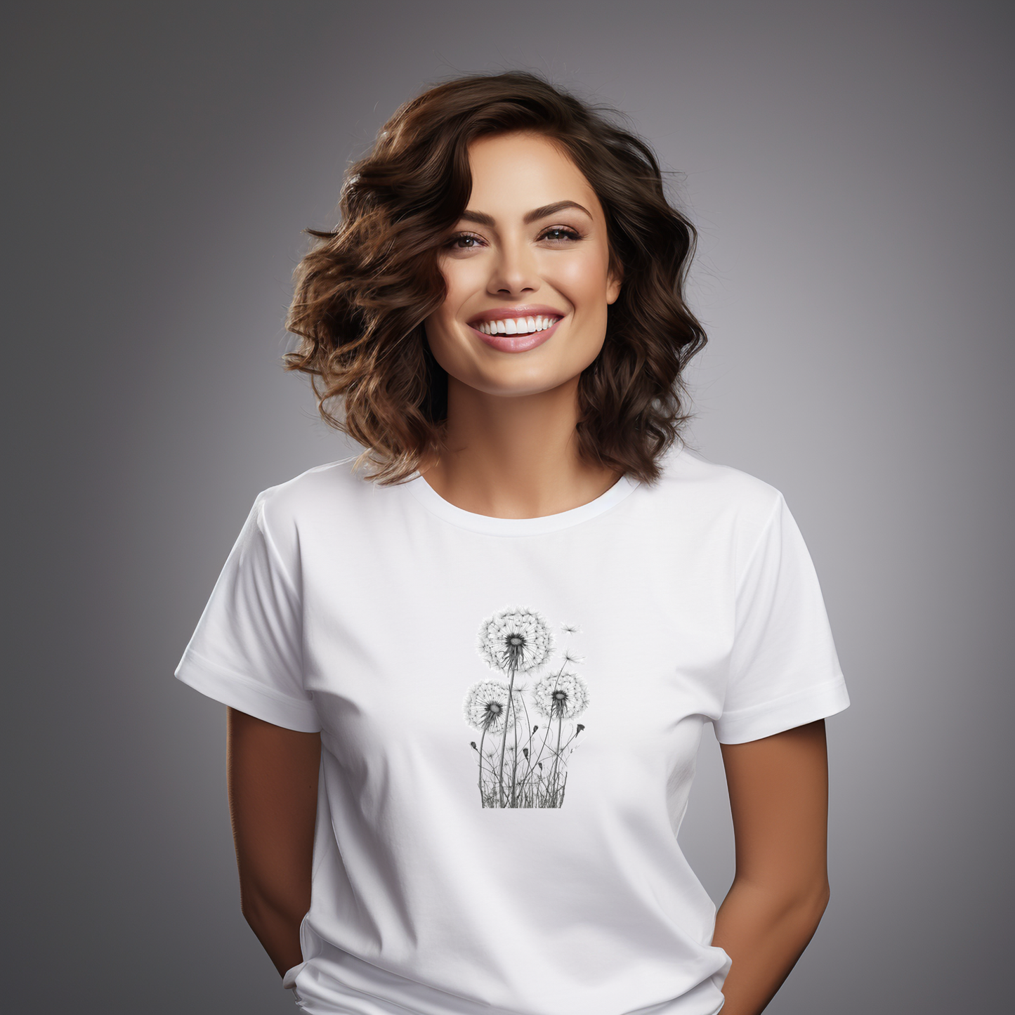 Moteriški marškinėliai “Pienės Pūkas” su subtiliu pienių pūkų motyvu – elegancija ir lengvumas kasdienai.