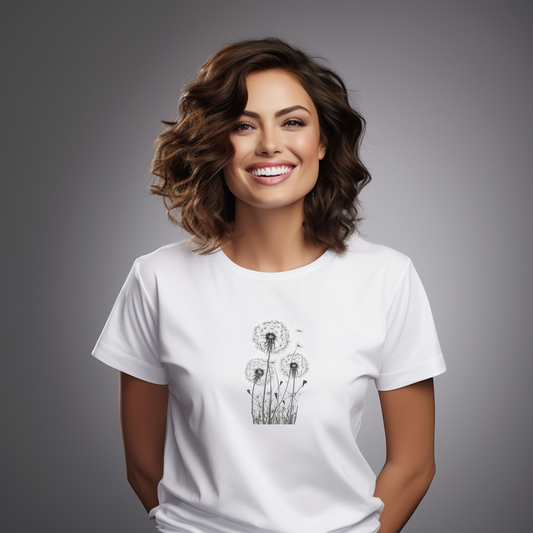 Moteriški marškinėliai “Pienės Pūkas” su subtiliu pienių pūkų motyvu – elegancija ir lengvumas kasdienai.