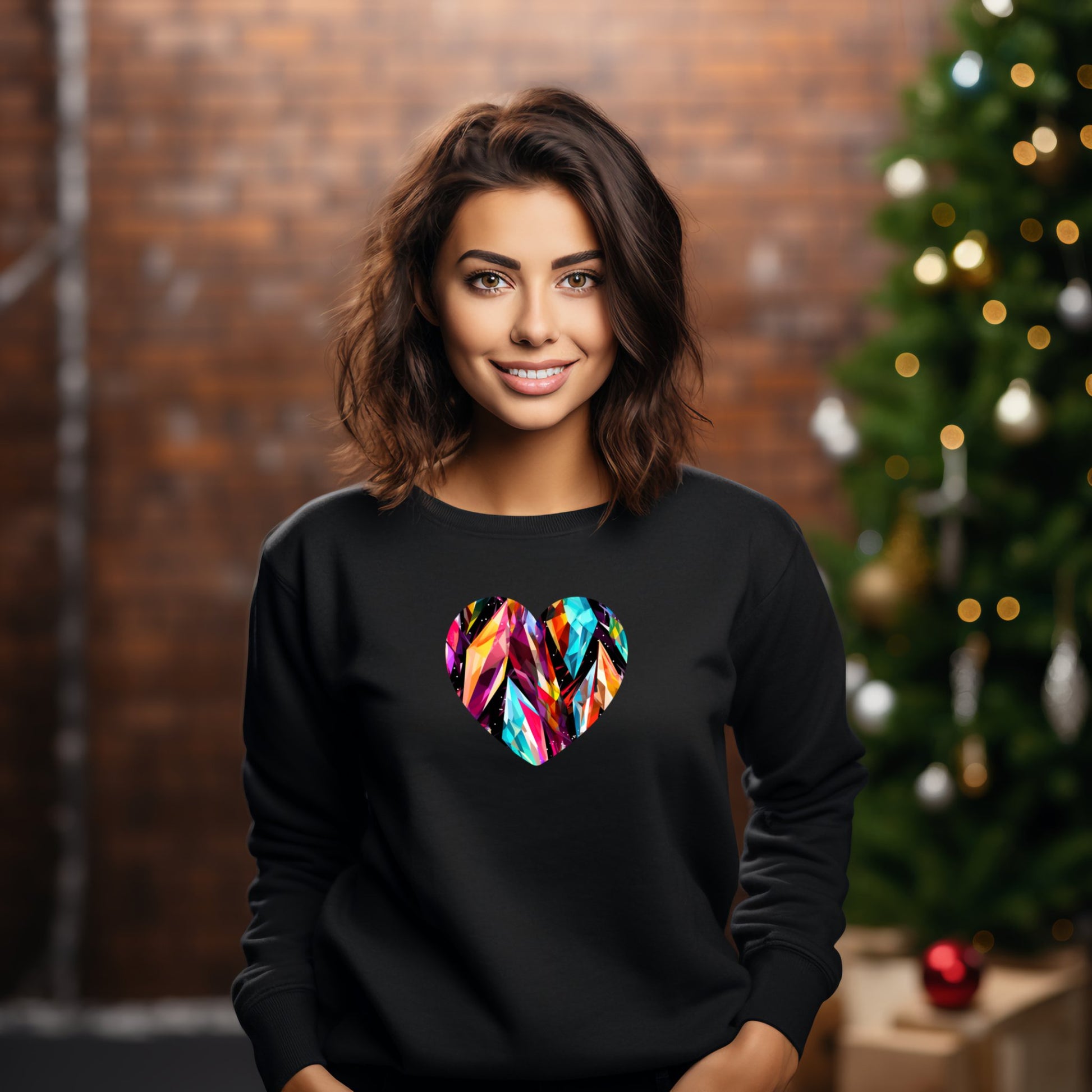 Džemperis "Shard Hearth" su spalvingais širdies formos raštais, perteikiančiais šilumą ir jaukumą. Moteris apsirengusi juodu džemperiu su unikalia spauda, stovinti prie kalėdinės dekoracijos. Puikus pasirinkimas dovanos internetu, moteriški džemperiai. Designedbyme.lt, designedbyme, Designed By Me, Moteriški džemperiai, Visi produktai, Moteriški džemperiai
