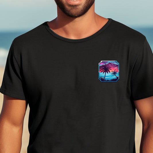 Vyriški marškinėliai “Two Palms” su minimalistiniu palmių ir saulėlydžio motyvu krūtinės srityje, idealūs kasdieniam dėvėjimui ir ilgiems pasivaikščiojimams paplūdimyje, Designedbyme.lt marškinėliai, Vyriški marškinėliai,Visi produktai, Vasaros kolekcija 