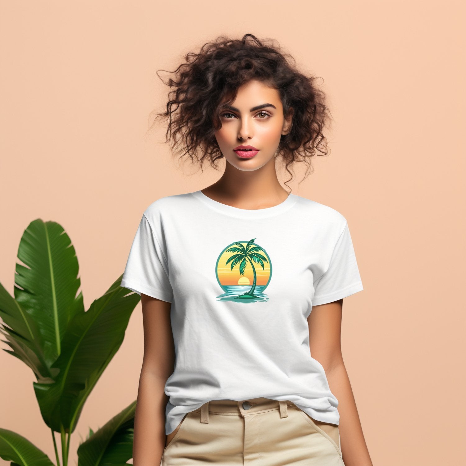 Jauna moteris dėvinti šviesius Moteriški marškinėliai "Under a Palm" su palmės ir saulėlydžio atvaizdu, Designedbyme.lt produktas, puikus pasirinkimas paplūdymiui ar laisvalaikiui mieste, Moteriški marškinėliai, Visi produktai, ☀️ Vasaros kolekcija ☀️