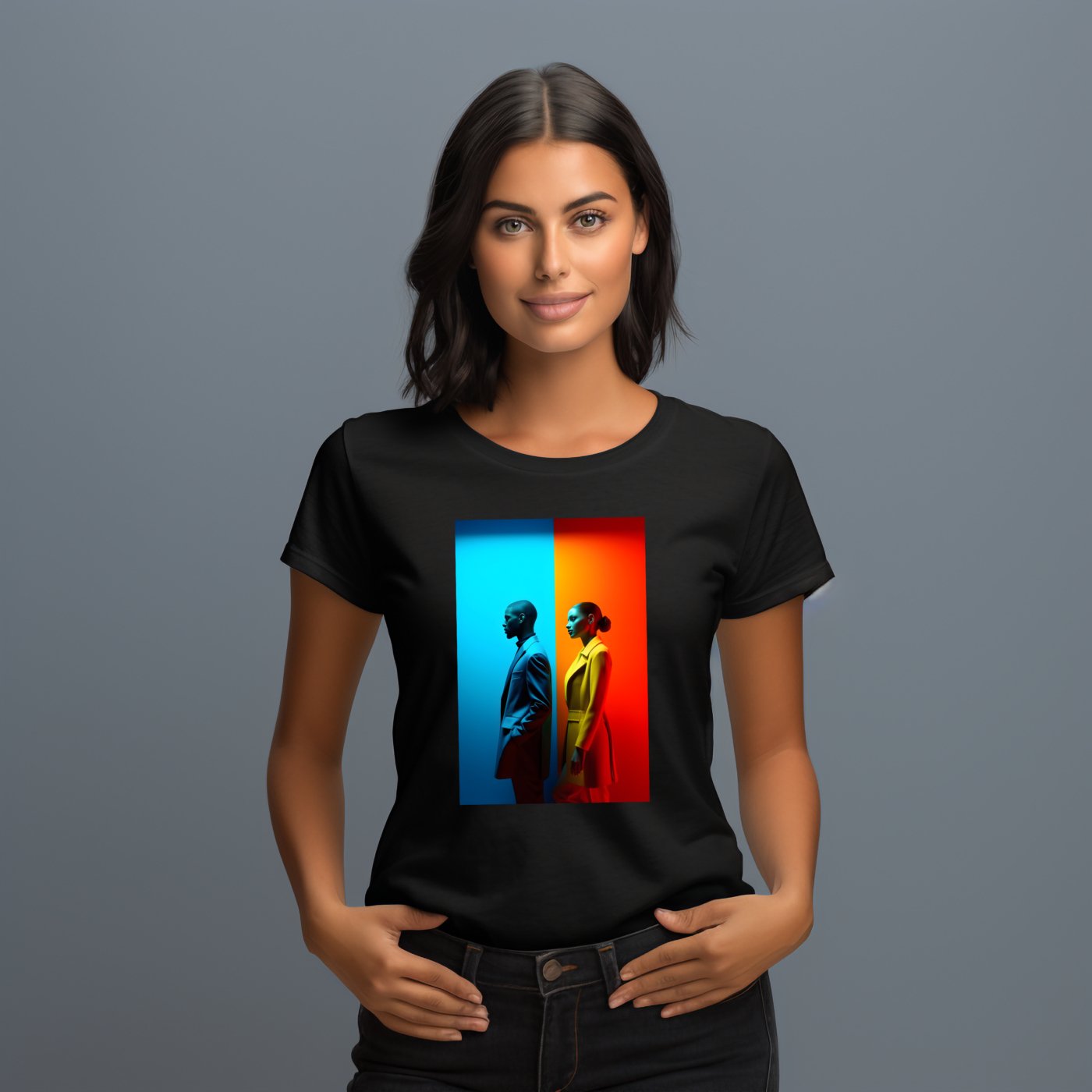 Moteris dėvinti "Unique Perceptions" marškinėlius iš Designedbyme.lt, simbolizuojantį lyčių įvairovę ir bendrą žmogaus patirtį, Moteriški marškinėliai, Visi produktai
