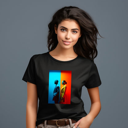 Moteriški marškinėliai „Unique Perceptions” su įdomiu ir simboliniu dizainu, vaizduojančiu vyrą mėlynoje spalvoje ir moterį raudonoje spalvoje. Designedbyme.lt, designedbyme, Designed By Me, Moteriški marškinėliai,Visi produktai