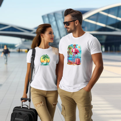 Jauna pora vilkinti baltus marškinėlius su vasariškais motyvais - vyras su marškinėliais „Vacation Flamingo 2024“, moteris su marškinėliais su palmėmis ir saulėlydžiu, pasiruošusi kelionei su lagaminu modernioje aplinkoje. Puikiai tinka tiems, kurie siekia įnešti vasariškos nuotaikos į savo kasdienybę. Designedbyme.lt marškinėliai su užrašais, vyriskos maikutės, Vyriški marškinėliai, Visi produktai, ☀️ Vasaros kolekcija ☀️