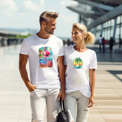 Marškinėliai vyrams "Vacation Flamingo 2024" iš kolekcijos Designedbyme.lt kviečia pasinerti į atostogų nuotaiką su nuostabiu flamingo motyvu. Tobulas pasirinkimas vasaros nuotaikai savo kasdienybėje sukurti. Vyras ir moteris, dėvintys baltas marškinėles su ryškiais, vasariškais motyvais, vaikšto šviesia, modernia aplinka. Marškinėliai, maikutes, vyriskos maikutės, spauda ant marskineliu, Vyriški marškinėliai, Visi produktai, ☀️ Vasaros kolekcija ☀️