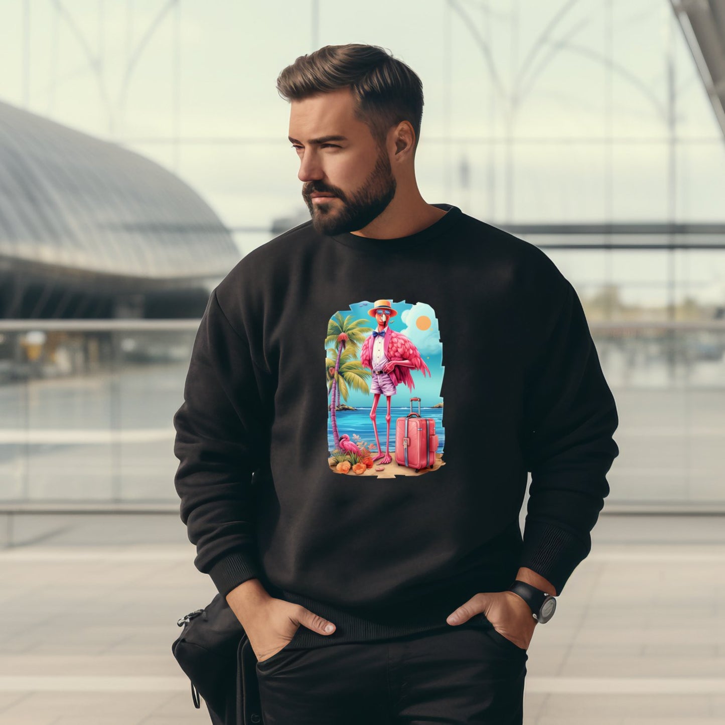 "SALE 'Vacation Flamingo' Džemperis M Juoda - jaukus ir linksmas džemperis vyrams. Designedbyme.lt pristato šį unikalų drabužį, puikiai tinkantį norintiems įnešti šiek tiek vasaros nuotaikos į savo kasdienybę. Su flamingo ir palmėmis dekoruotas dizainas, idealiai tinka kaip gimtadienio dovana ar praktiska dovana draugei, marskineliai su spauda, Perkamiausi džemperiai"