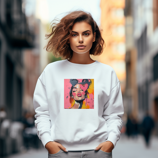 Moteriskas dzemperis XOXO su stilizuotu popart merginos atvaizdu rožiniame fone, baltas medvilninis džemperis su ryškiu printu priekyje, patogus kasdienis drabužis miestietiškam stiliui. Perkamiausi džemperiai.