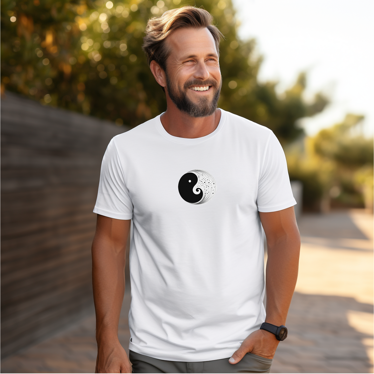Baltų vyriškų marškinėlių su subtiliu juodo ir balto Jin ir Jang simboliu iš Naujausių dizainų 2026 kolekcijos