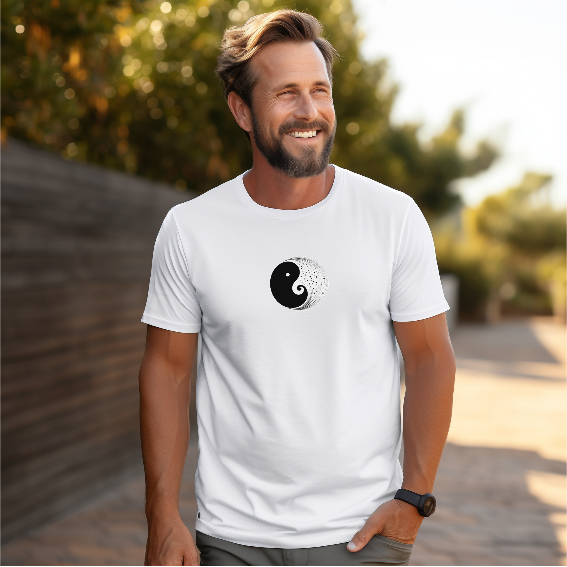 Baltų vyriškų marškinėlių su subtiliu juodo ir balto Jin ir Jang simboliu iš Naujausių dizainų 2026 kolekcijos